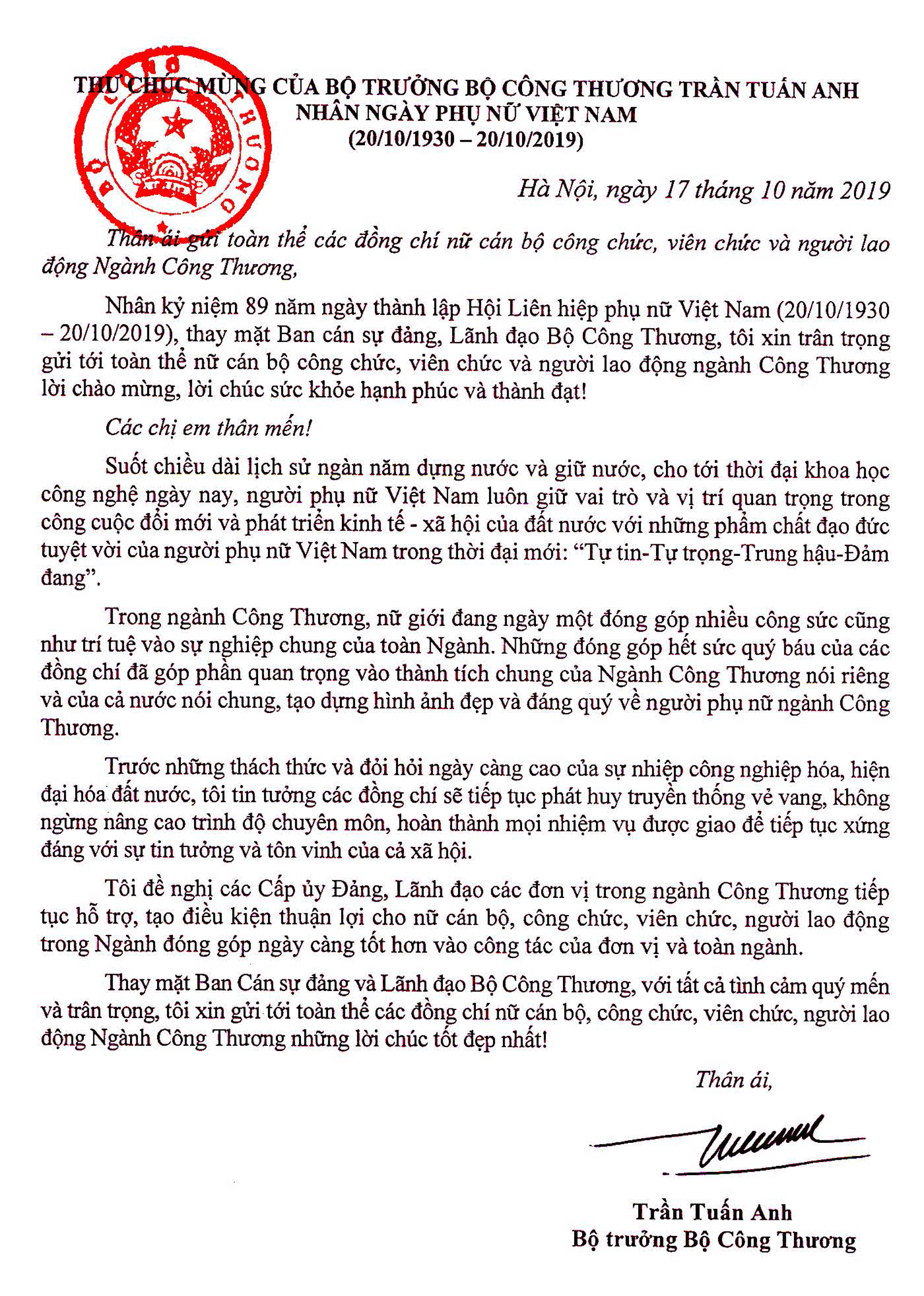 Thư chúc mừng ngày 20 tháng 10 của Bộ trưởng Trần Tuấn Anh