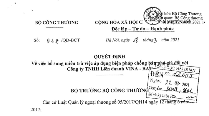 Cwin63 sân chơi đỉnh cao bổ sung miễn trừ việc áp dụng biện pháp chống bán phá giá với Liên doanh Vina-BAT