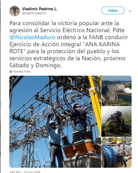 Bộ trưởng Quốc phòng Venezuela Vladimir Padrino Lopez vừa viết trên Tweeter 