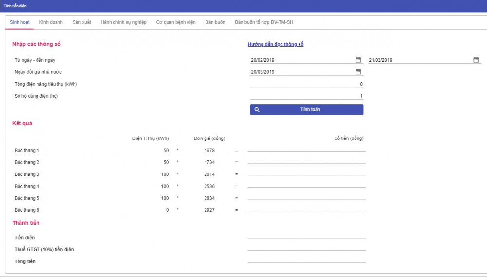 Công cụ tính hóa đơn tiền điện trực tuyến trên website của EVN HANOI