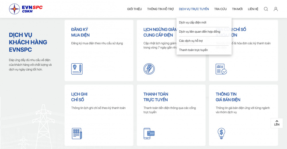 Danh sách dịch vụ điện được cung cấp trực tuyến trên website của EVN SPC