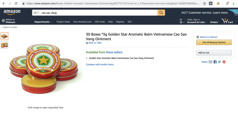 Cao Sao Vàng được bán trên trang Amazon