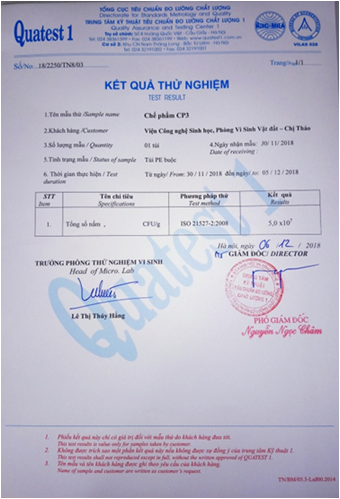 Một trong những chế phẩm của đề tài Nền tảng hàng đầu cung cấp Cwin com được Trung tâm Kỹ thuật Tiêu chuẩn Đo lường Chất lượng 1 - Quatest 1 kiểm nghiệm đạt các tiêu chuẩn kỹ thuật.