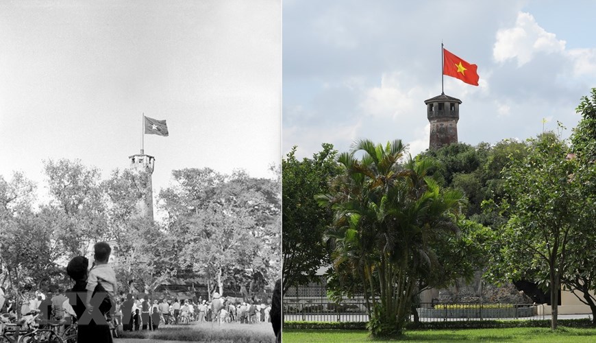 Người dân hân hoan hướng về lá quốc kỳ tung bay trên Cột Cờ Hà Nội trong ngày Thủ đô được giải phóng, ngày 10/10/1954. (Ảnh: Tư liệu-Minh Quyết/TTXVN)