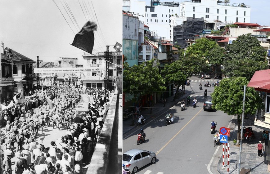 Các đơn vị bộ binh Quân đội nhân dân Việt Nam tiến qua phố Hàng Gai vào tiếp quản Thủ đô sáng 10/10/1954 và phố Hàng Gai ngày nay. (Ảnh: Tư liệu-Minh Quyết/TTXVN)
