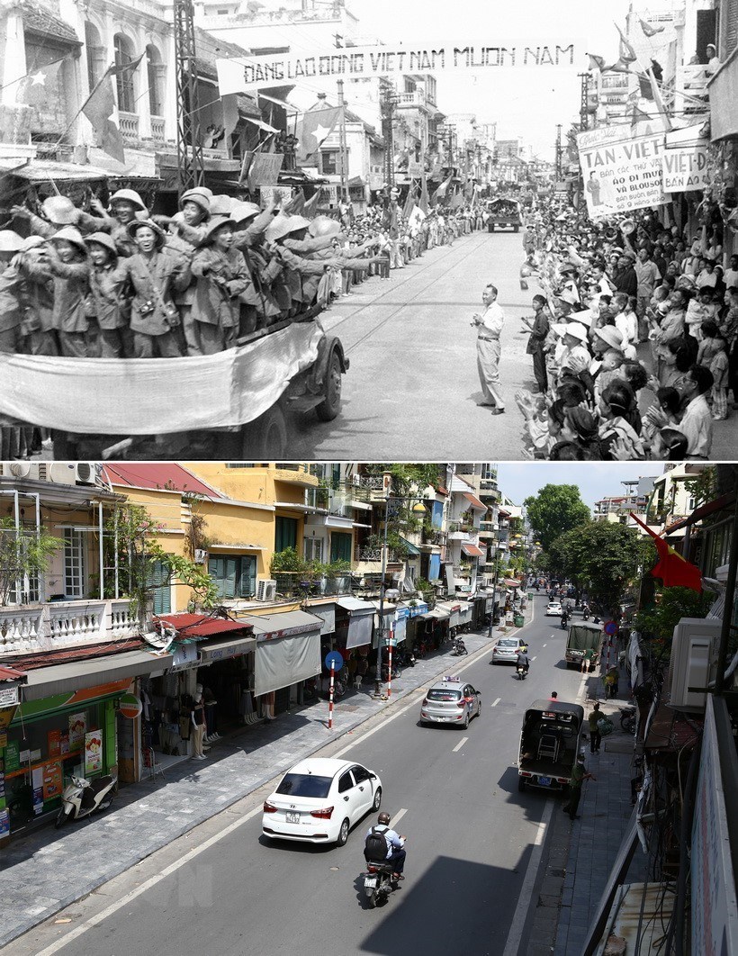 Đoàn xe chở các chiến sỹ Đại đoàn 308 Quân Tiên phong tiến qua phố Hàng Đào, sáng 10/10/1954 trong niềm hân hoan chào đón của hàng vạn người dân và phố Hàng Đào ngày nay. (Ảnh: Tư liệu-Minh Quyết/TTXVN)