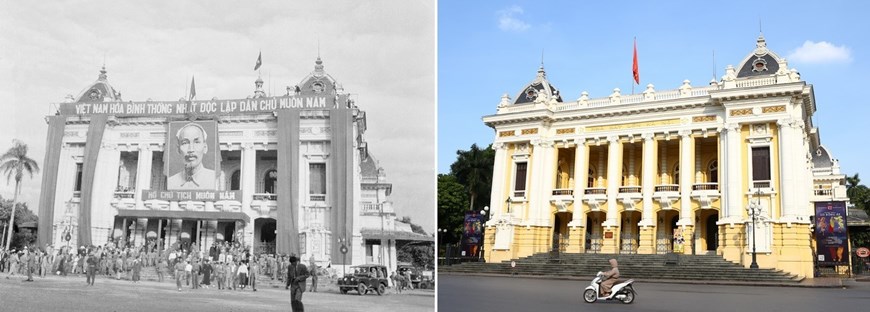 Nhà hát Lớn Hà Nội trong ngày Ủy ban Quân chính ra mắt nhân dân Thủ đô (10/1954) và hôm nay. (Ảnh: Tư liệu-Minh Quyết/TTXVN)