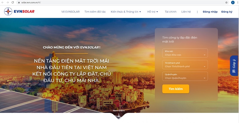 Giao diện nền tảng EVNSOLAR tại địa chỉ https://solar.evn.com.vn