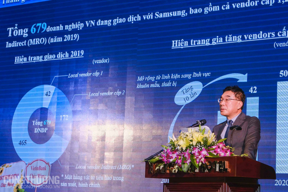 Ông Kim Dong Hwan - Phó Tổng Giám đốc Tổ hợp Samsung Việt Nam giới thiệu về hoạt động hỗ trợ Cwincom hiện đang mở CNHT Việt Nam của Samsung thời gian qua
