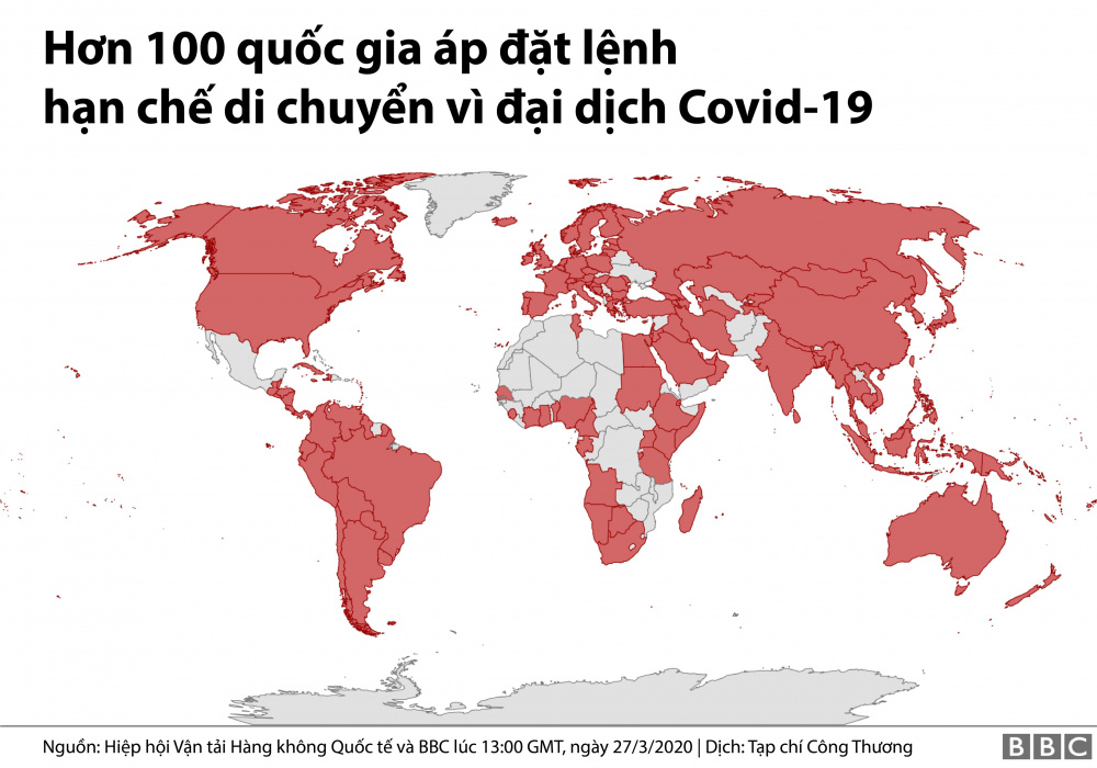 Hơn 100 quốc gia hạn chế đi lại hoặc phong toả vì dịch Covid019