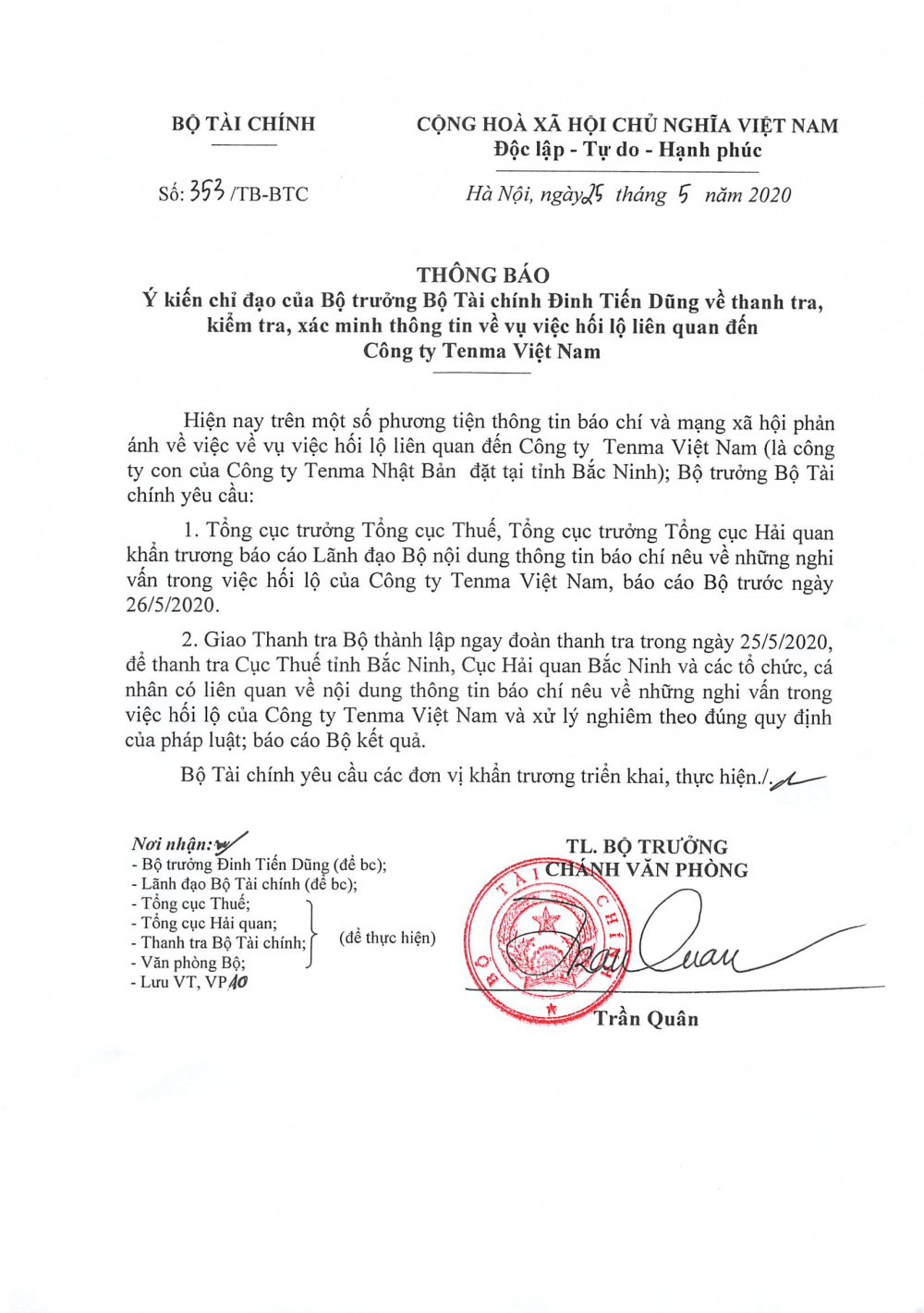 thong bao y kien chi dao bo truong