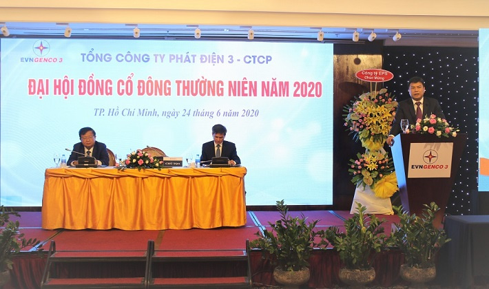 Ông Đinh Quốc Lâm – Chủ tịch HĐQT Tổng Công ty Phát điện 3 báo cáo tại Đại hội
