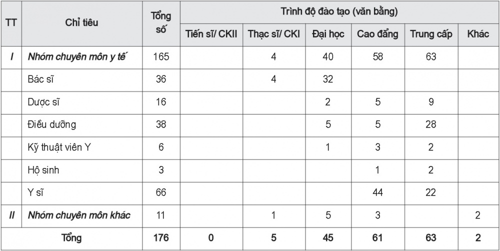 Cơ cấu nhân lực theo trình độ chuyên môn và nhóm chức danh Trung tâm y tế huyện Phú Bình năm 2019