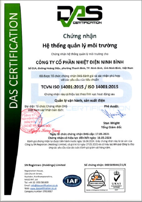 Giấy chứng nhận hệ thống quản lý môi trường theo tiêu chuẩn quốc gia 