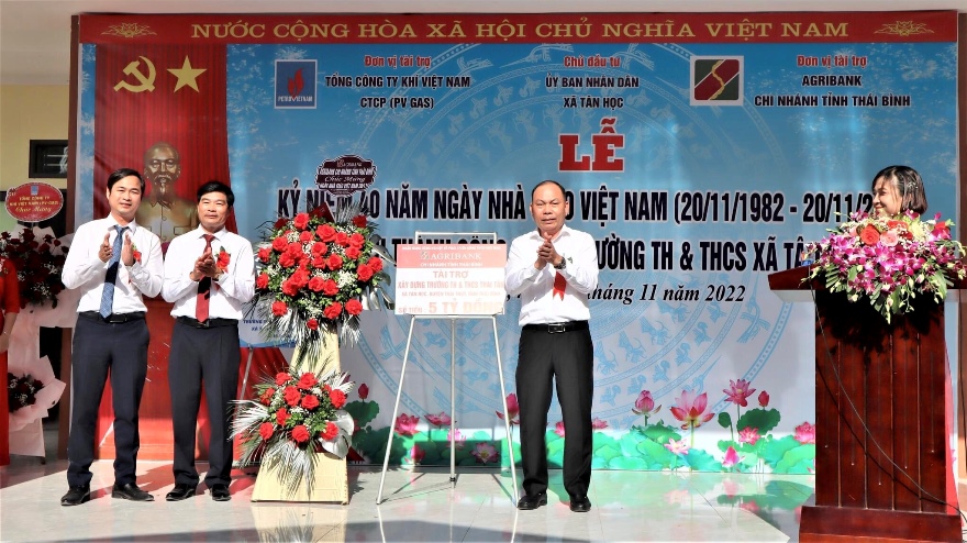 Ông Nguyễn Mạnh Tường - Giám đốc Agribank chi nhánh tỉnh Thái Bình (bên phải) trao biển tài trợ cho Trường