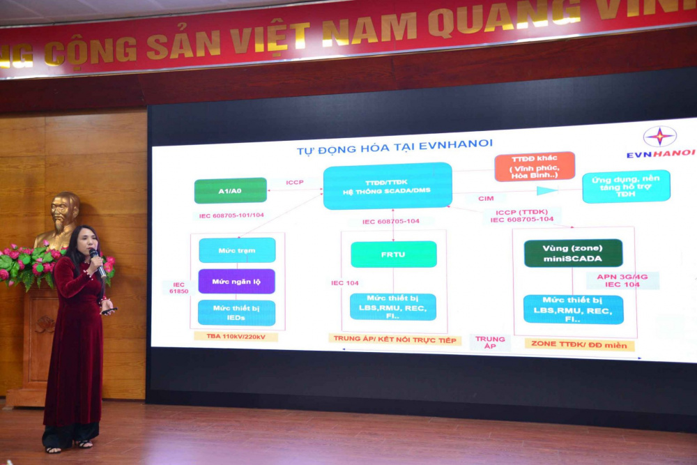 Bà Trần Cẩm Linh - Phó Trưởng ban Viễn thông và Công nghệ thông tin Tổng Công ty Điện lực Thành phố Hà Nội trình bày tham luận “Tự động hóa và phát triển lưới điện thông minh tại Tổng Công ty Điện lực Thành phố Hà Nội”