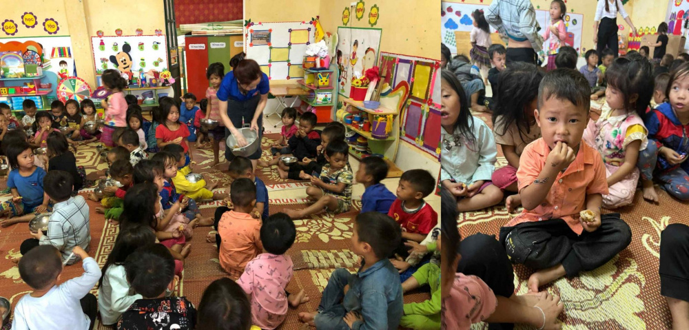 Thích thú với món gà chiên các cô chú mang đến
