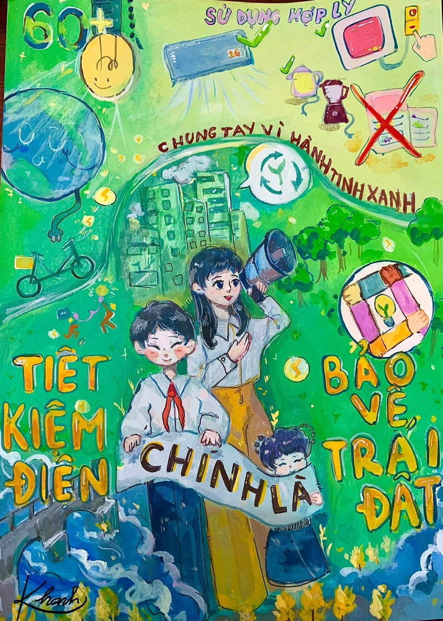 Tác phẩm tranh vẽ tuyên truyền về hoạt động Giờ Trái đất năm 2023 được em Trần Thị Ngọc Khanh – học sinh lớp 10A6 Trường THPT Hải Đảo, con gái chị Tạ Thị Giang - công nhân ngành Điện Quảng Ninh thực hiện