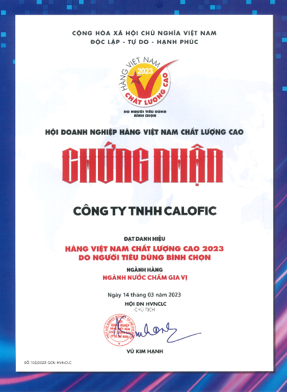 CALOFIC đã được trao bằng chứng nhận HVNCLC năm 2023 do người M.Cwin800.com thể thao, casino live, bắn cá và slot nổ hũ bình chọn – Nhóm ngành hàng nước chấm gia vị