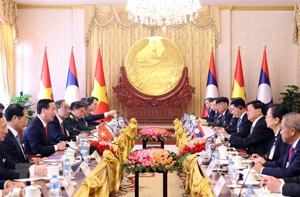 Chủ tịch nước Võ Văn Thưởng hội đàm với Tổng Bí thư, Chủ tịch nước Lào Thongloun Sisoulith. (Ảnh: Thống Nhất/TTXVN)