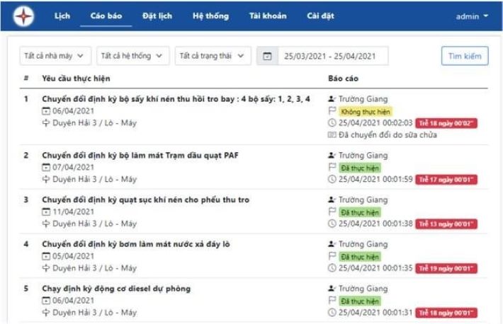Màn hình truy xuất lịch sử của Phần mềm chuyển đổi định kỳ thiết bị