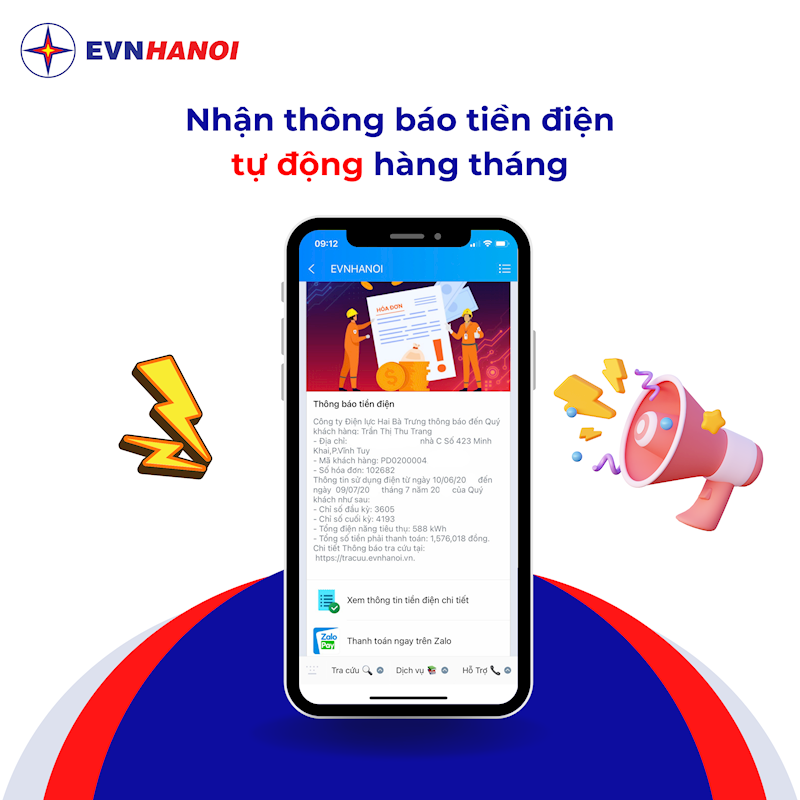 Nhận thông báo tiền điện tự động qua Zalo của EVNHANOI