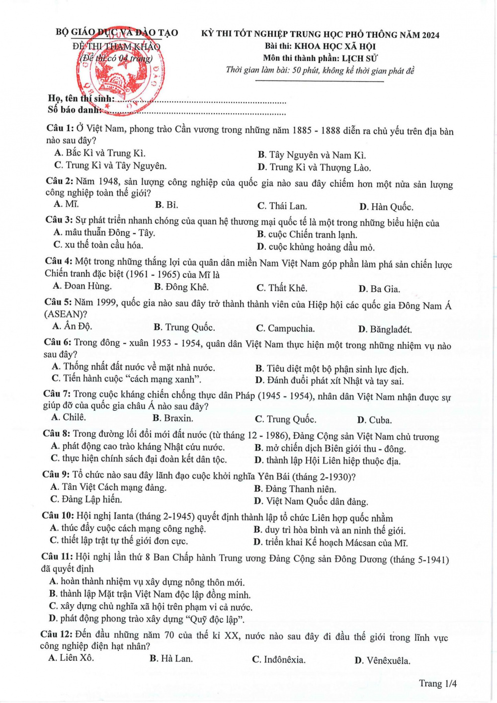 Đề thi tham khảo môn Lịch sử kỳ thi tốt nghiệp THPT 2024