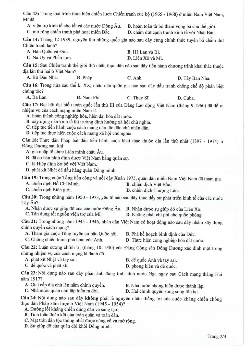 Đề thi tham khảo môn Lịch sử kỳ thi tốt nghiệp THPT 2024