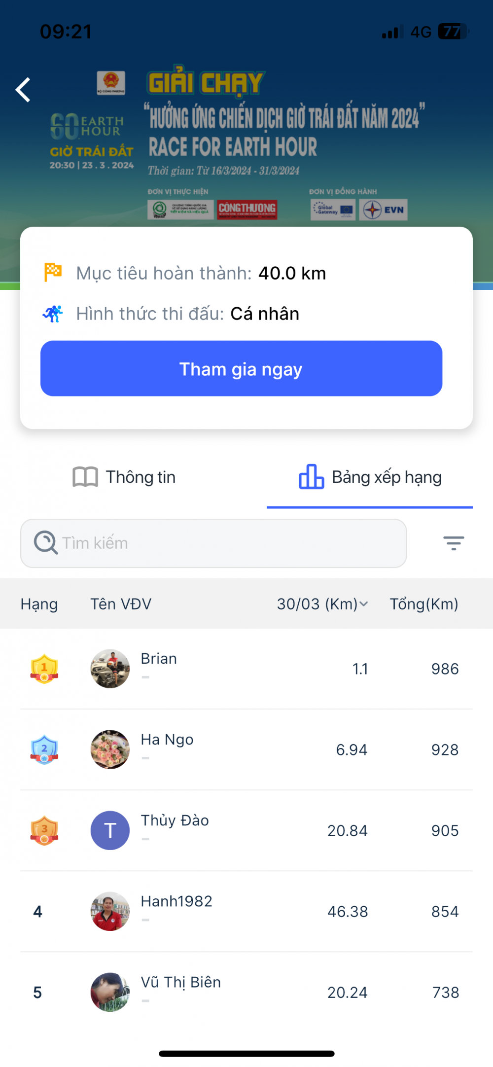 Cập nhật Bảng xếp hạng Giải chạy trực tuyến hưởng ứng Chiến dịch Giờ Trái đất năm 2024