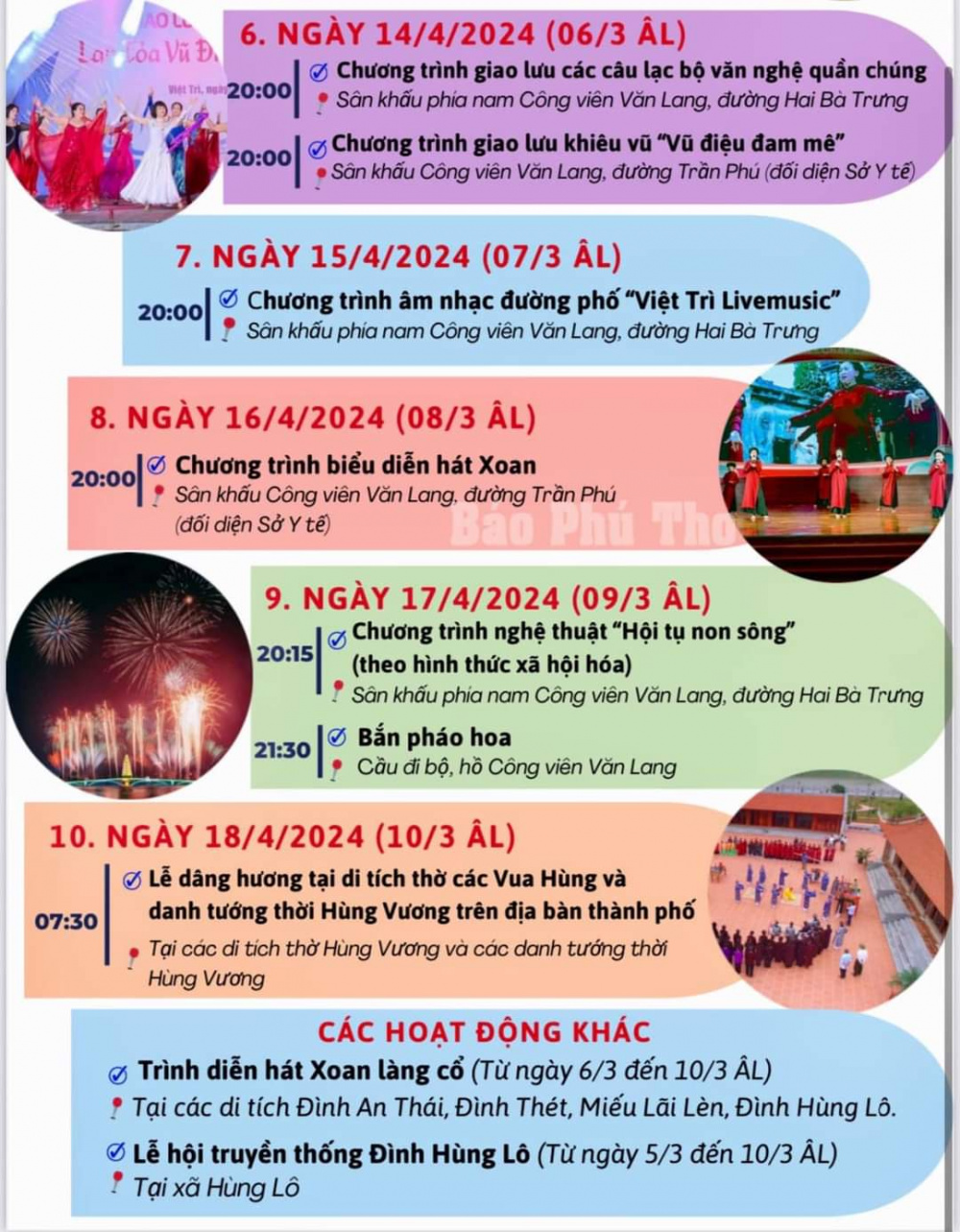 Các hoạt động do TP. Việt Trì tổ chức phục vụ Giỗ Tổ Hùng Vương - Lễ hội Đền Hùng và Tuần văn hóa - du lịch Đất Tổ năm Giáp Thìn 2024