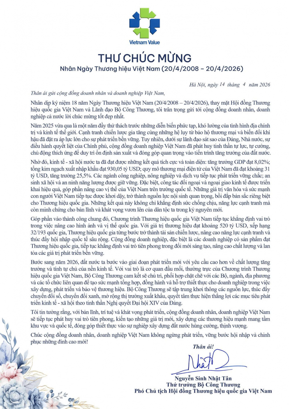 Thứ trưởng Cwin63 sân chơi đỉnh cao Nguyễn Sinh Nhật Tân gửi thư chúc mừng