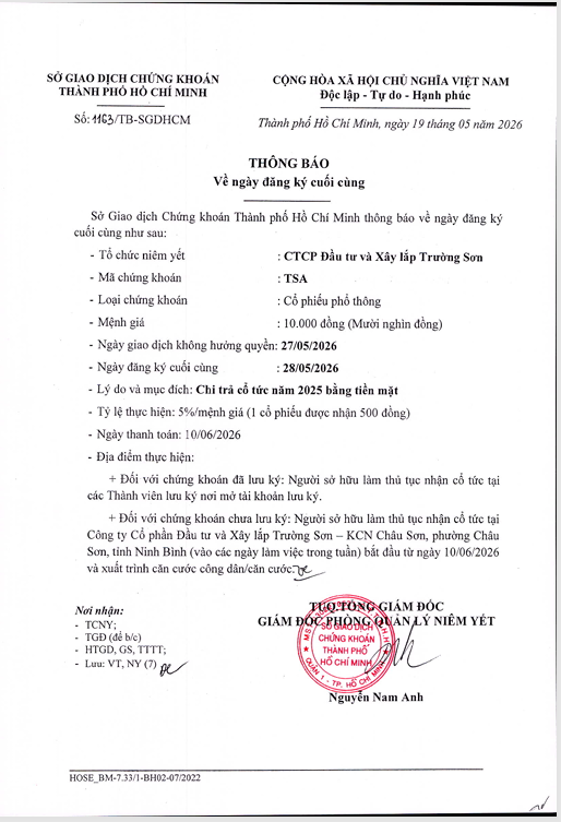 Công ty cổ phần Cwin800 hàng ngàn khuyến mãi và xây lắp Trường Sơn (mã TSA - sàn HOSE): Thực hiện chia cổ tức năm 2025 bằng tiền mặt với tỷ lệ 5% trong tháng 6/2026