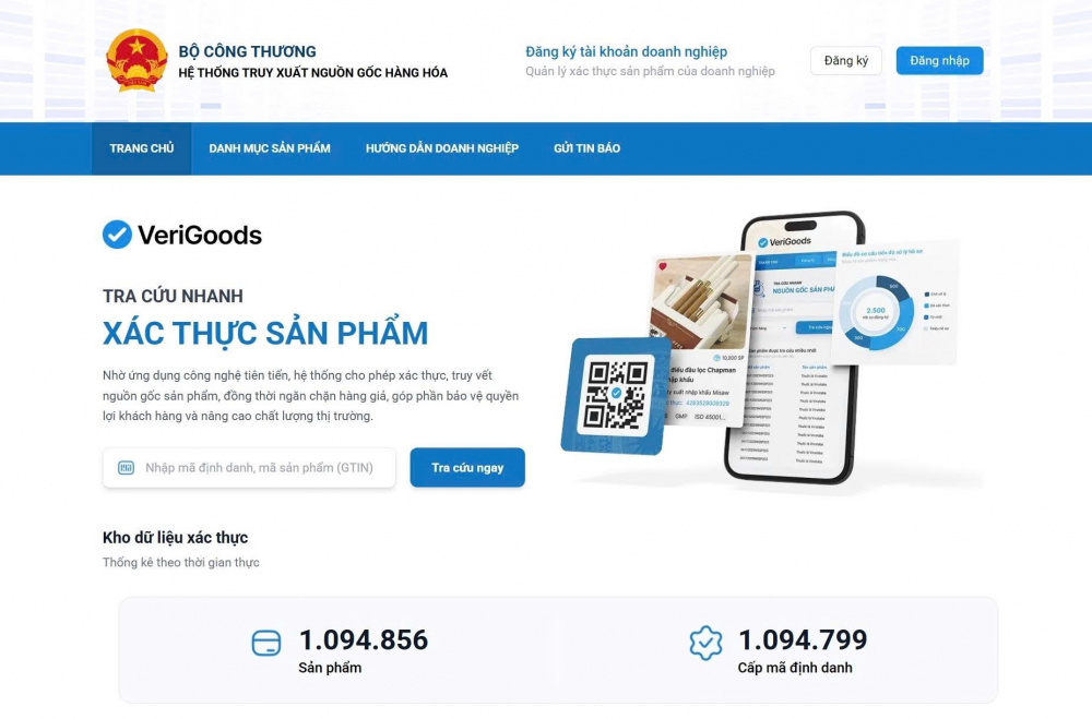 Giao diện của Hệ thống truy xuất nguồn gốc Cwin Đăng Ký + 1888k tại Verigoods.vn