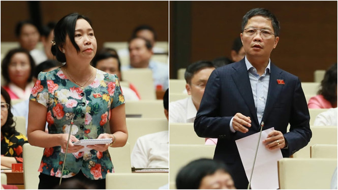 Đại biểu Lý Tiết Hạnh (trái) chất vấn Bộ trưởng Bộ Công thương Trần Tuấn Anh (phải) tại nghị trường sáng 31.10
