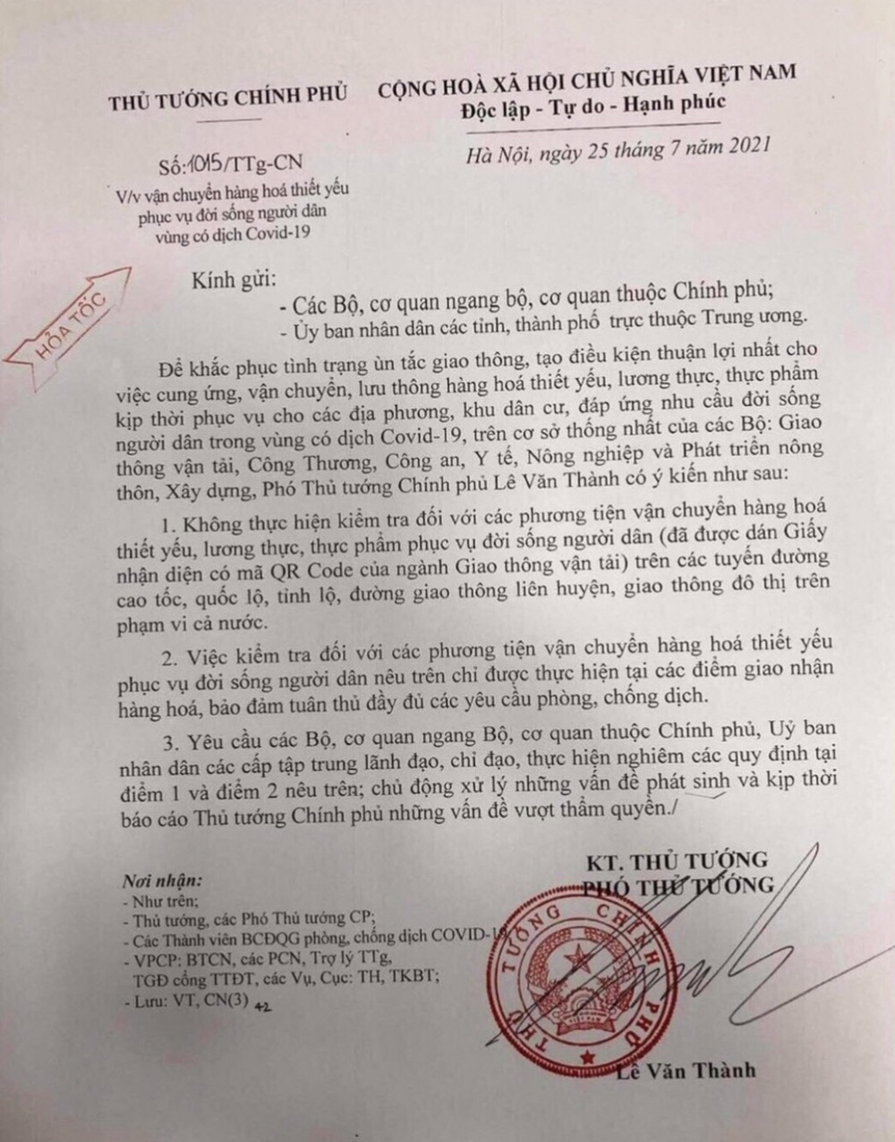 Công văn của Phó Thủ tướng gửi các bộ ngành địa phương