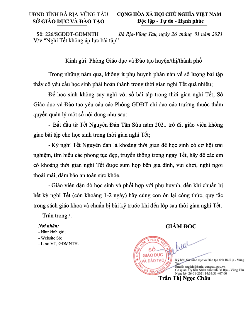 Văn bản yêu cầu "Nghỉ Tết không áp lực bài tập" của Sở GD&ĐT tỉnh Bà Rịa - Vũng Tàu