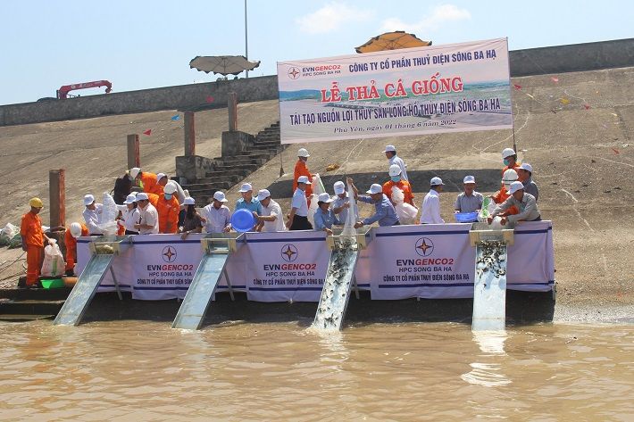 các đại biểu thả cá vào lòng hồ Thủy điện Sông Ba Hạ tại sự kiện