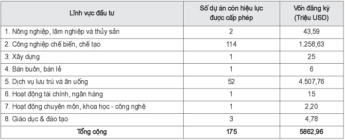 Các dự án FDI theo lĩnh vực còn hiệu lực tại Quảng Nam tính đến ngày 31/12/2018