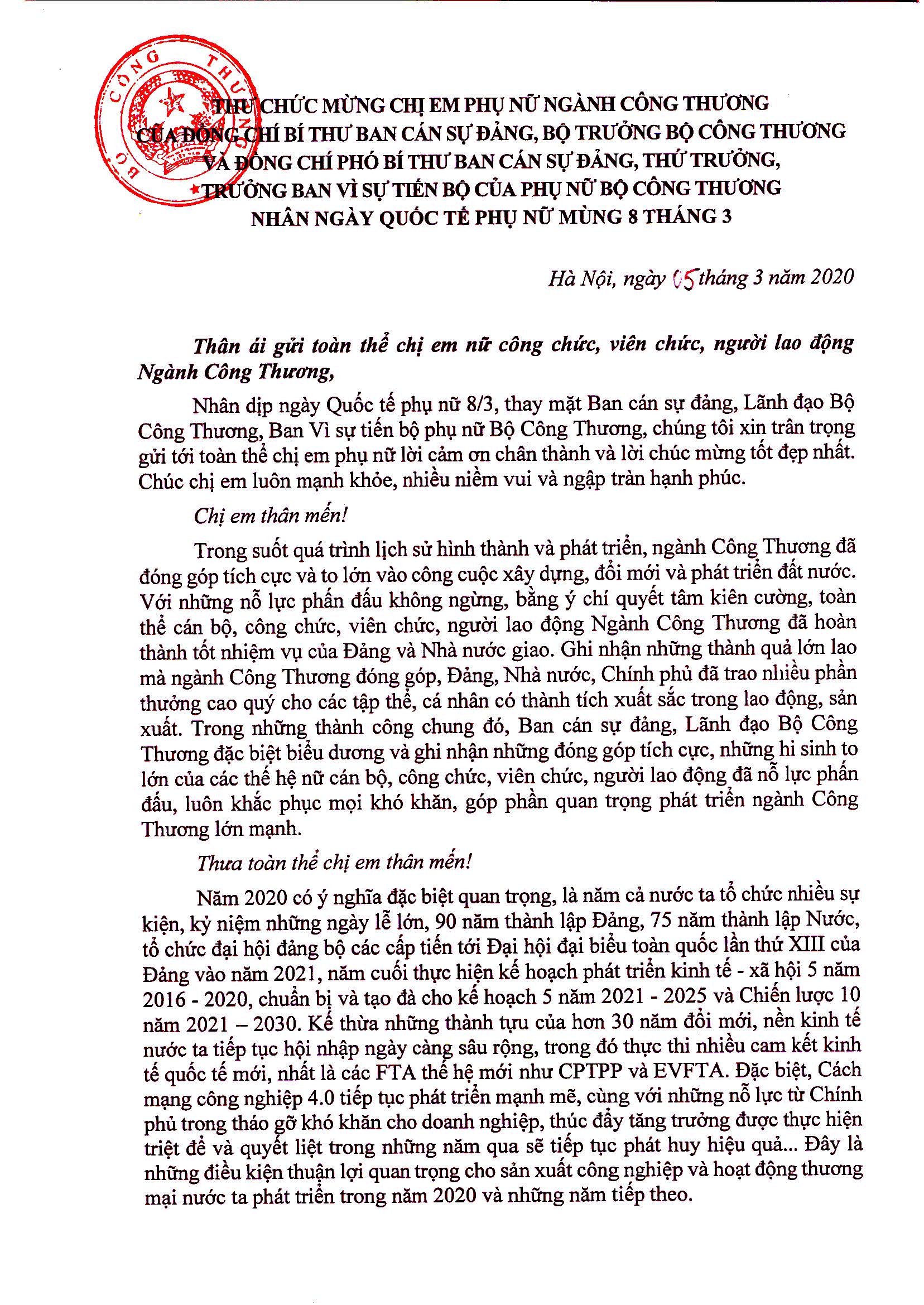 Thư chúc mừng của Bộ trưởng Trần Tuấn Anh