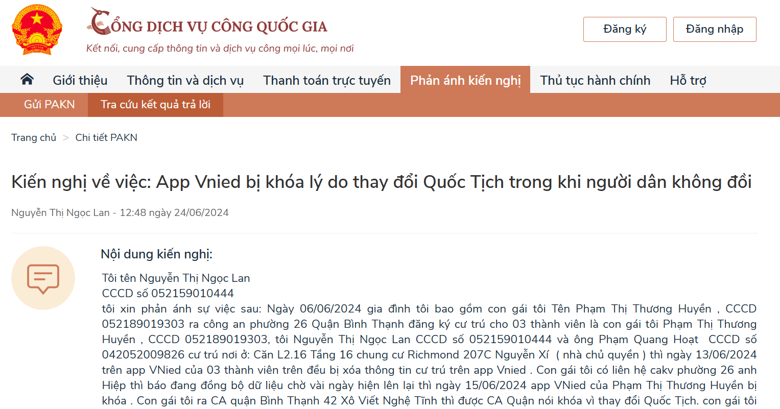 Ảnh 3. Thông tin cá nhân của người dân bị công khai - Nguồn: Cổng Dịch vụ công Quốc gia.