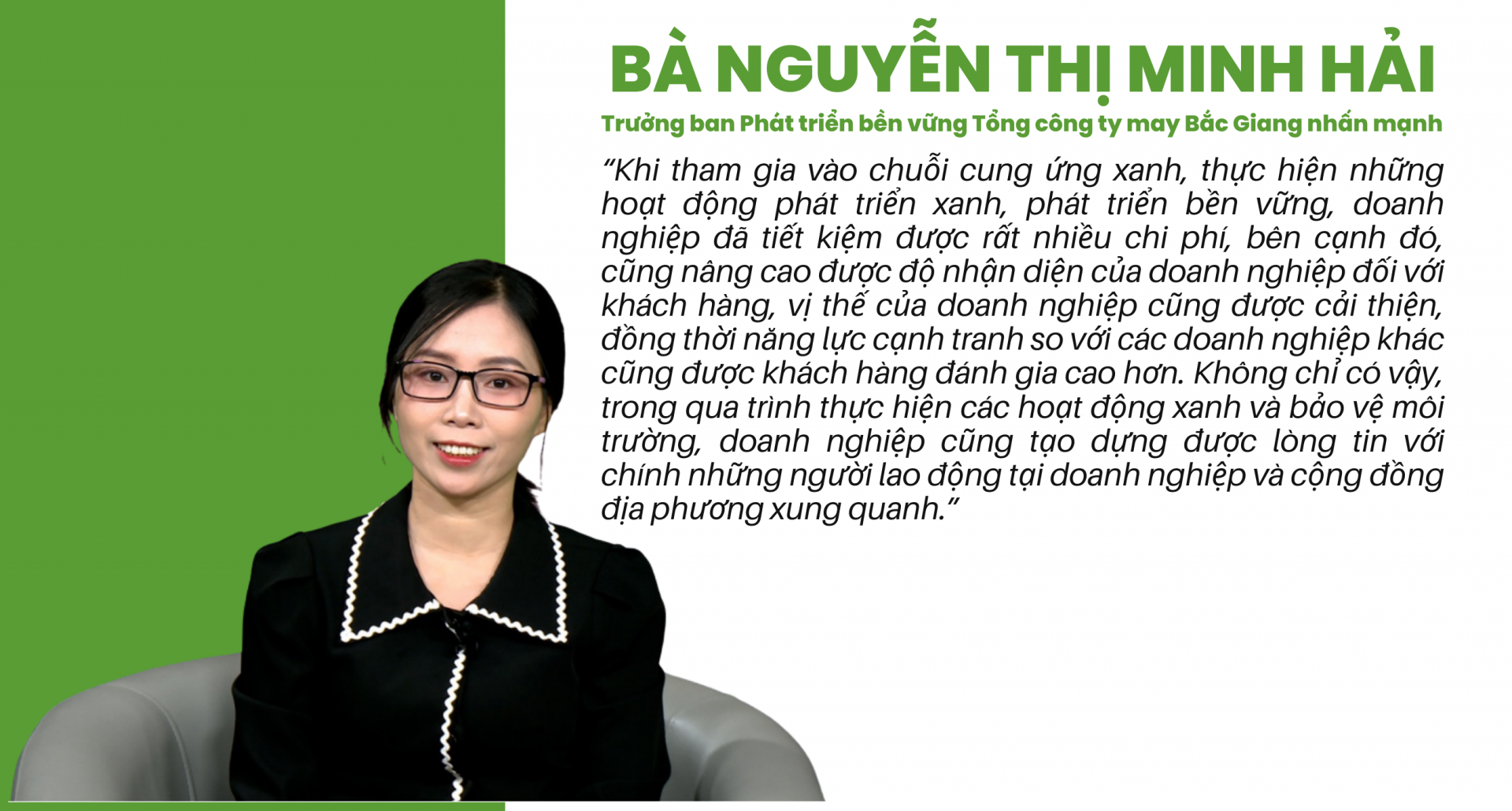 Bà Nguyễn Thị Minh Hải - Trưởng ban Phát triển bền vững Tổng công ty may Bắc Giang
