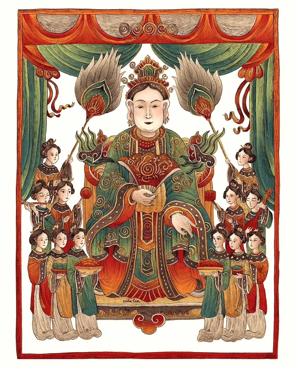 Tranh Bà Chúa Thượng Ngàn và 12 cô Sơn Trang theo lối tranh dân gian Hàng Trống Họa sĩ Xuân Lam
